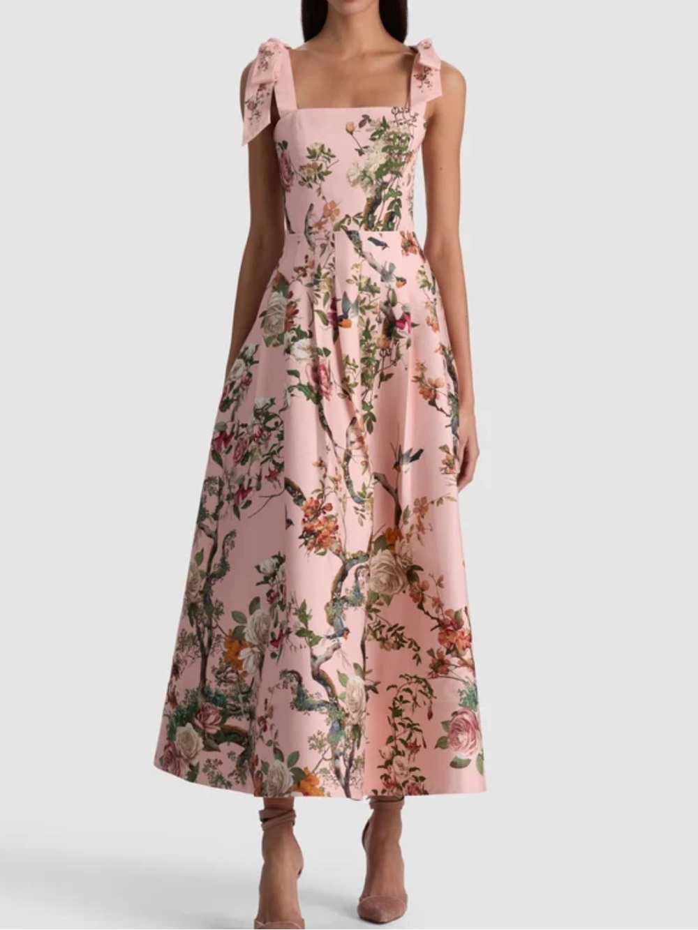 Alice + Olivia Pink Floral Midi Dress with Tie Shoulders - Picture 2 of 13